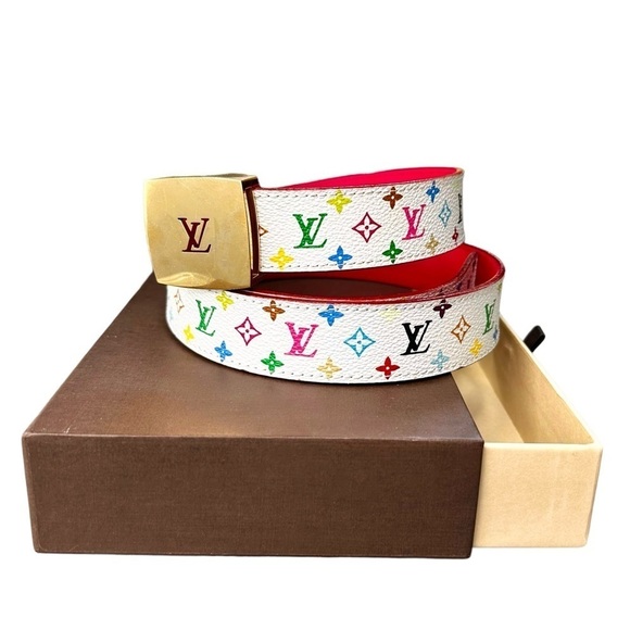 Authentic Louis Vuitton White Multicolor Murakami & Pink Leather & Gold Belt - Picture 3 of 15